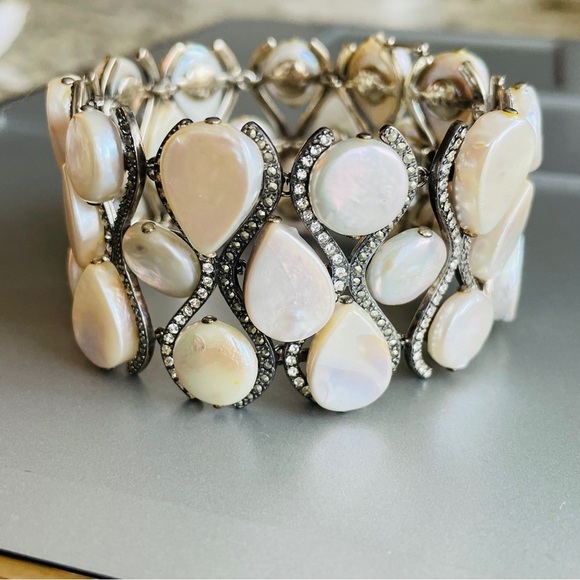 JUDITH JACK 3 ROW WIDE PANEL PEARL, MARCASITE, CZ STERLING SILVER BRACEL… - Picture 4 of 12